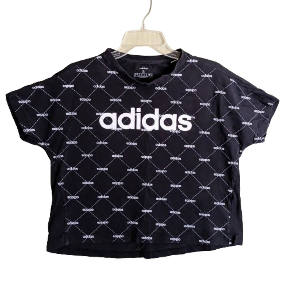 Adidas T-shirt Black White Linear Bold Diamond Graphic Print Boxy Semi-C…